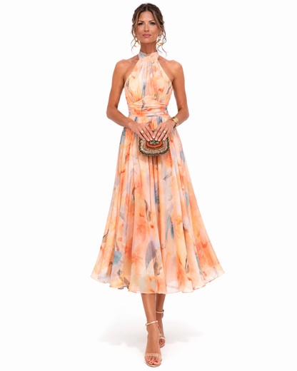 Aurora | Vestido Midi Halter Floral en Chifón