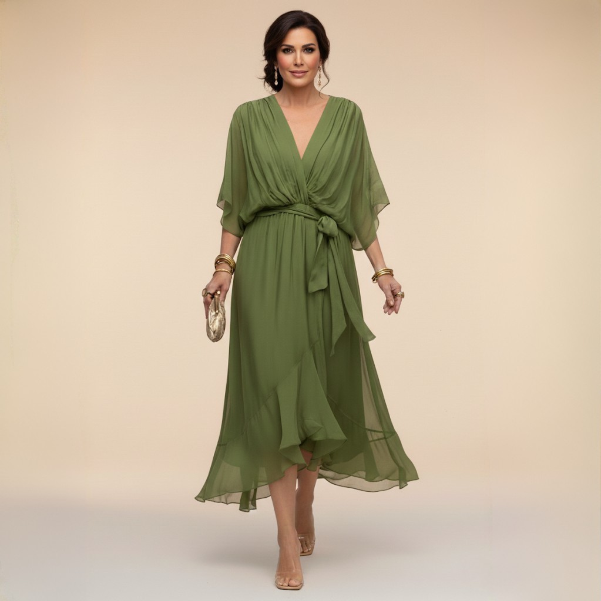 Monica | Vestido Midi en Chifón con Escote en V y Cinturón