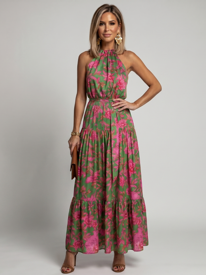 Rowen | Vestido Midi Halter Drapeado con Estampado Floral