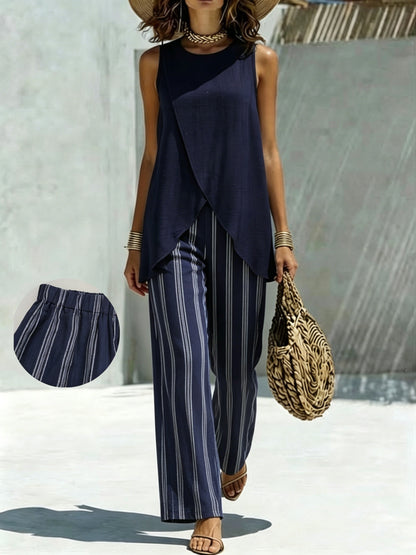 Lente/Zomer Dames Vakantiestijl Marineblauwe Mouwloze Onregelmatige Top + Hoge Taille Gestreepte Wijdvallende Broek met Wijde Pijpen Casual 2-delige Set, Geschikt voor Dagelijks Gebruik en op Vakantie 2A12590