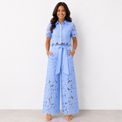 Isabela | Conjunto de Encaje de Camisa y Pantalón Palazzo