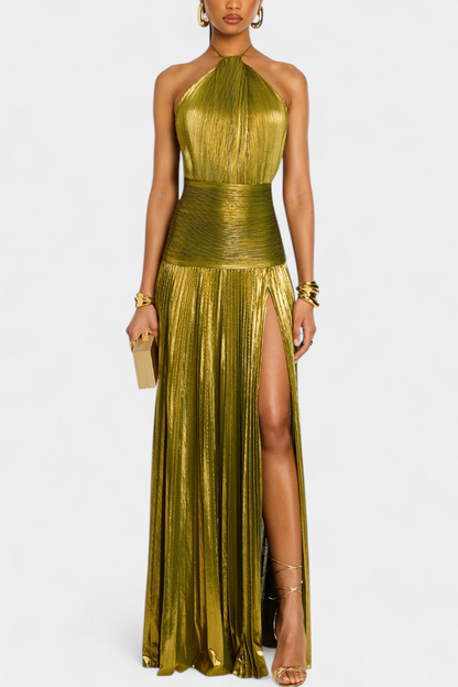 Elena | Vestido Maxi Halter Metálico con Abertura
