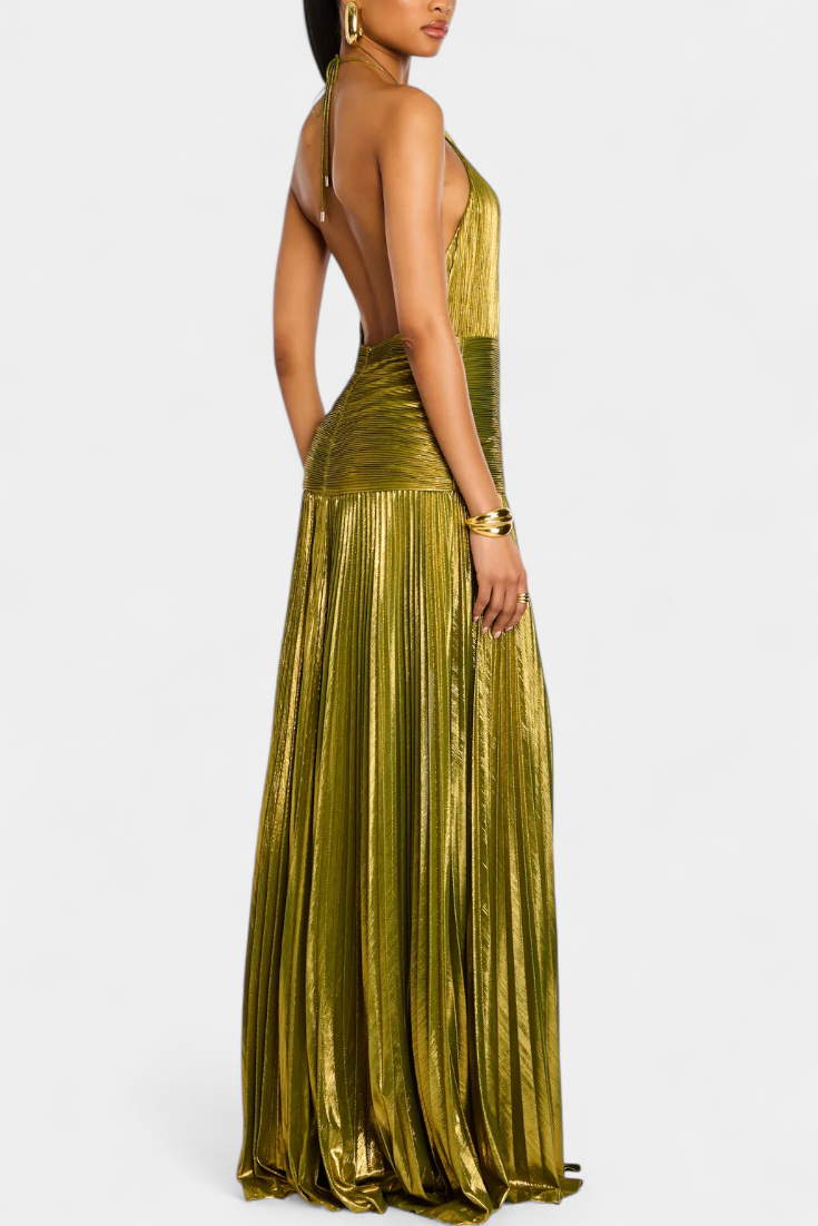 Elena | Vestido Maxi Halter Metálico con Abertura