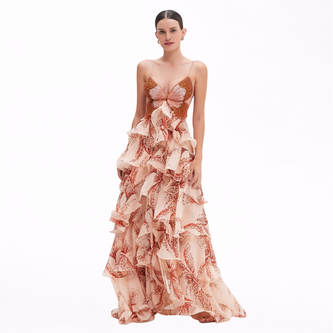 Nahia | Vestido Maxi con Volantes y Escote Joya