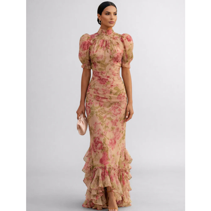 Rosario | Vestido Maxi Floral con Cuello Alto