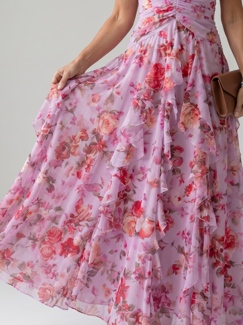 Nori | Vestido Maxi Halter con Volantes y Estampado Floral