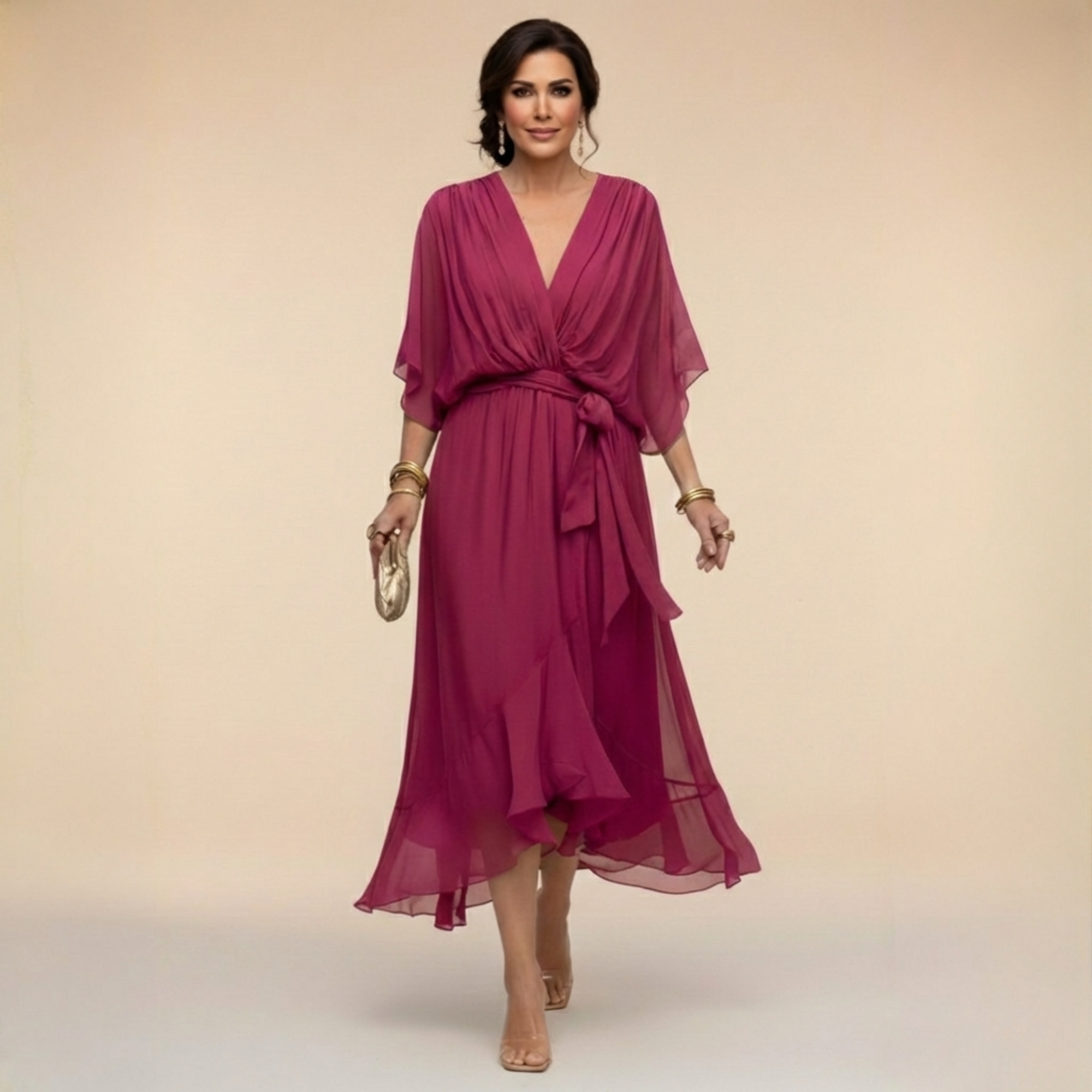 Monica | Vestido Midi en Chifón con Escote en V y Cinturón