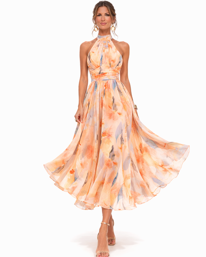 Aurora | Vestido Midi Halter Floral en Chifón