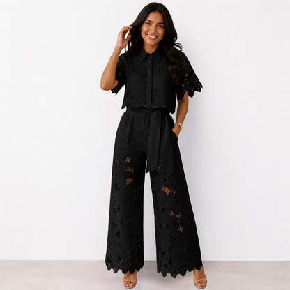 Isabela | Conjunto de Encaje de Camisa y Pantalón Palazzo