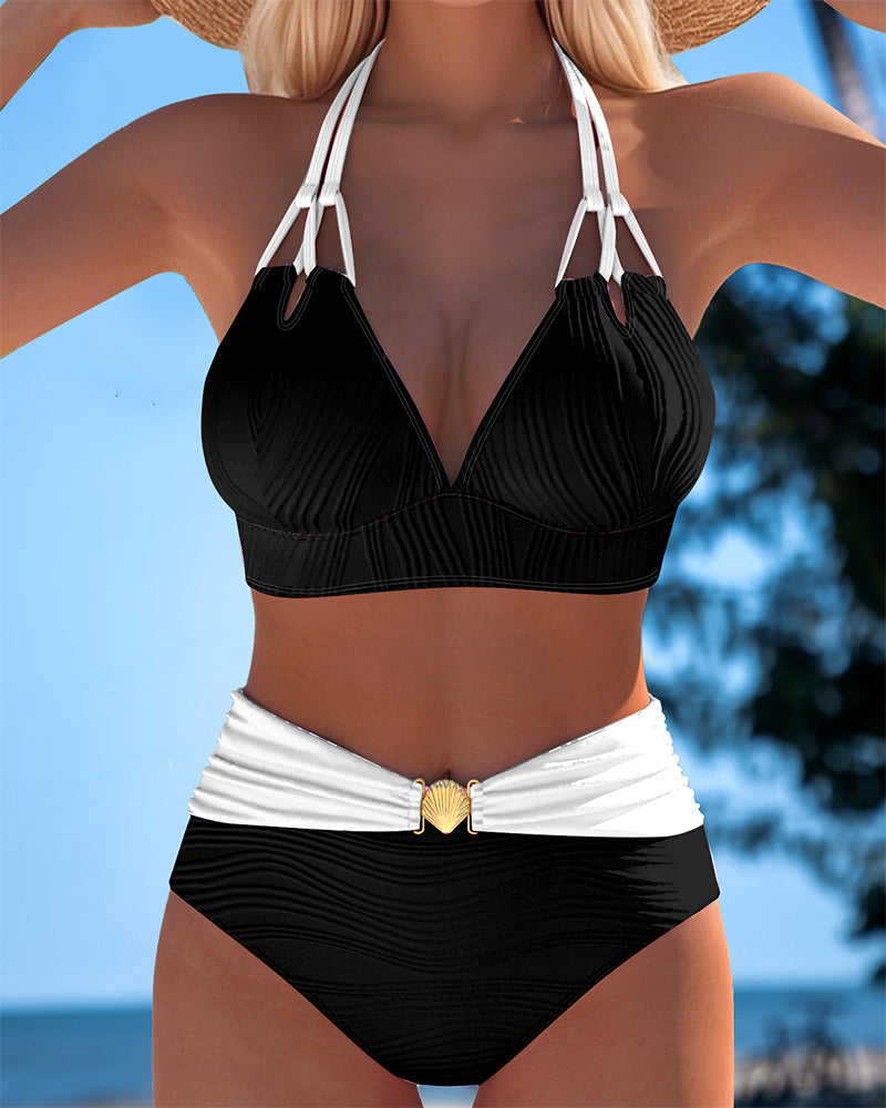 Coral | Bikini Halter Bicolor con Detalle Concha
