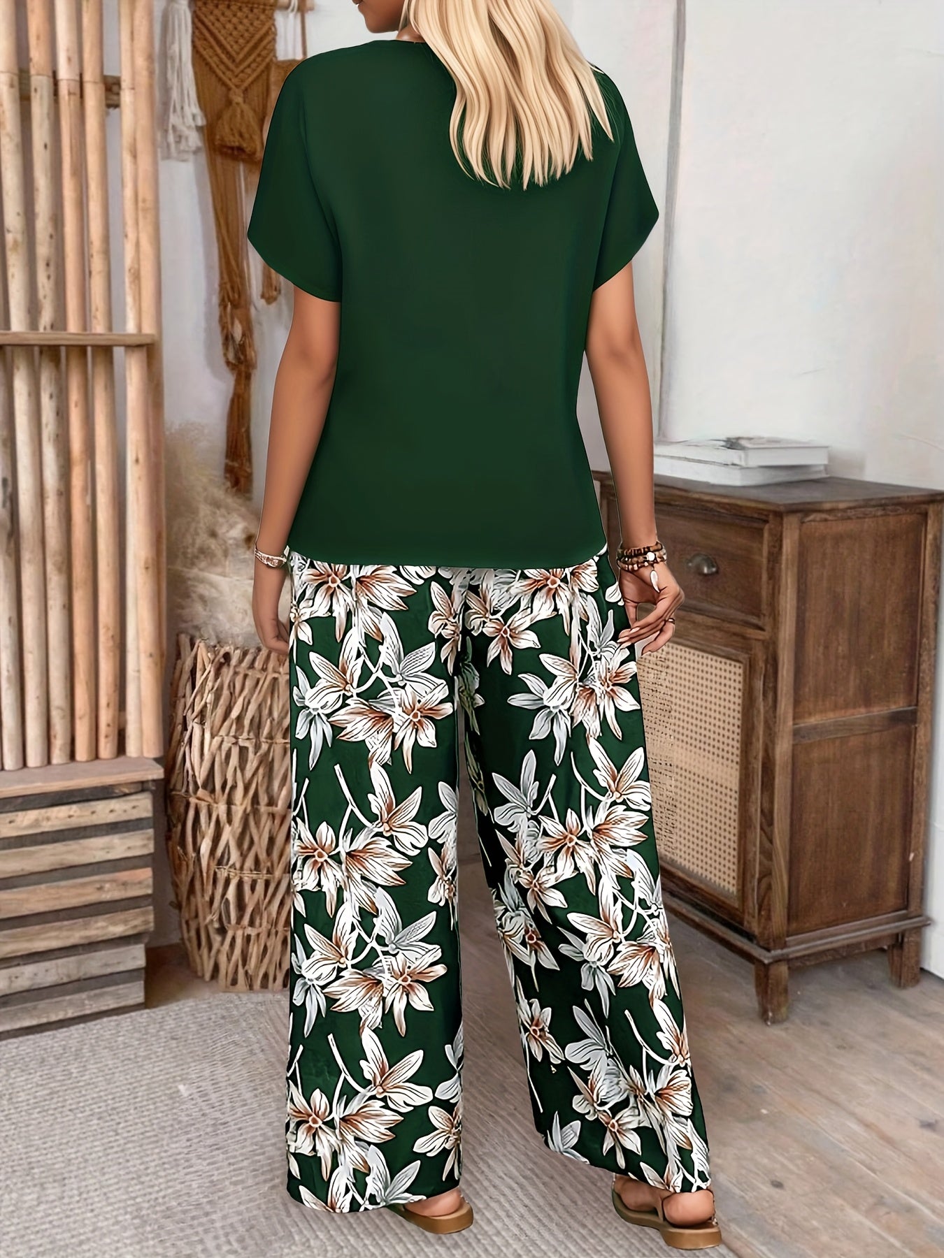 Vrouwen Stijlvolle Elegante Korte Mouw Ronde Hals Bloemenprint Set