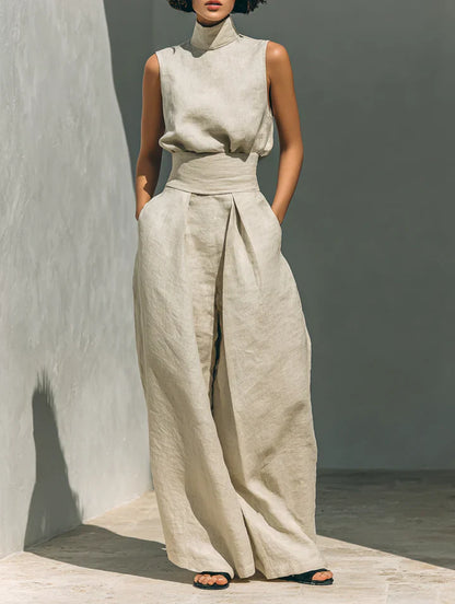 Flor | Blusa Sin Mangas y Pantalón Ancho en Algodón y Lino