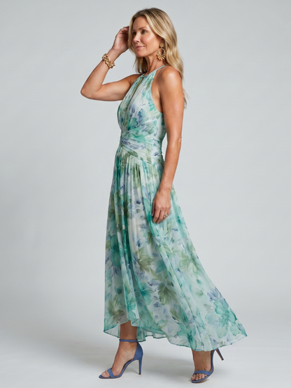 Portia | Vestido Midi Halter Plisado con Estampado Floral