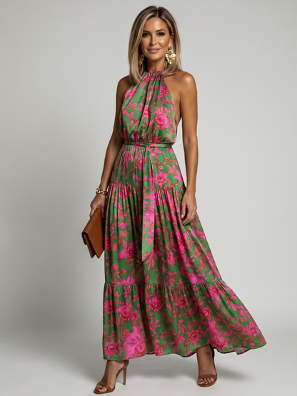 Rowen | Vestido Midi Halter Drapeado con Estampado Floral
