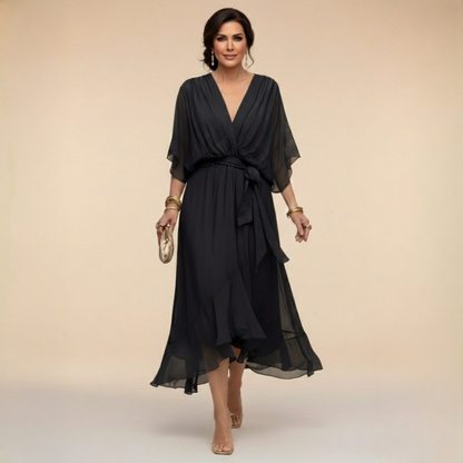 Monica | Vestido Midi en Chifón con Escote en V y Cinturón