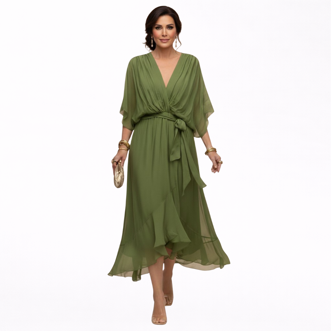 Monica | Vestido Midi en Chifón con Escote en V y Cinturón