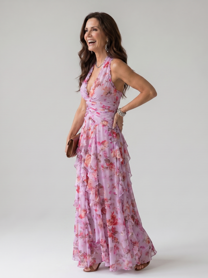Nori | Vestido Maxi Halter con Volantes y Estampado Floral