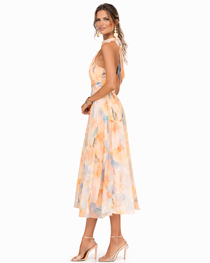 Aurora | Vestido Midi Halter Floral en Chifón