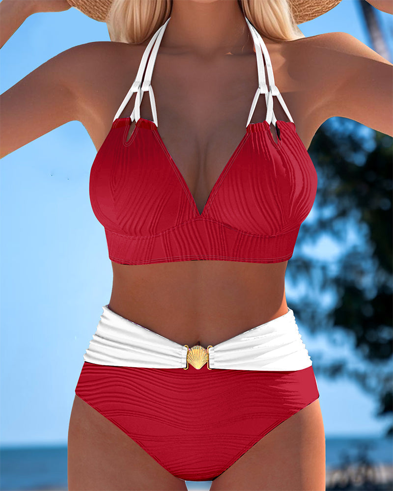 Coral | Bikini Halter Bicolor con Detalle Concha