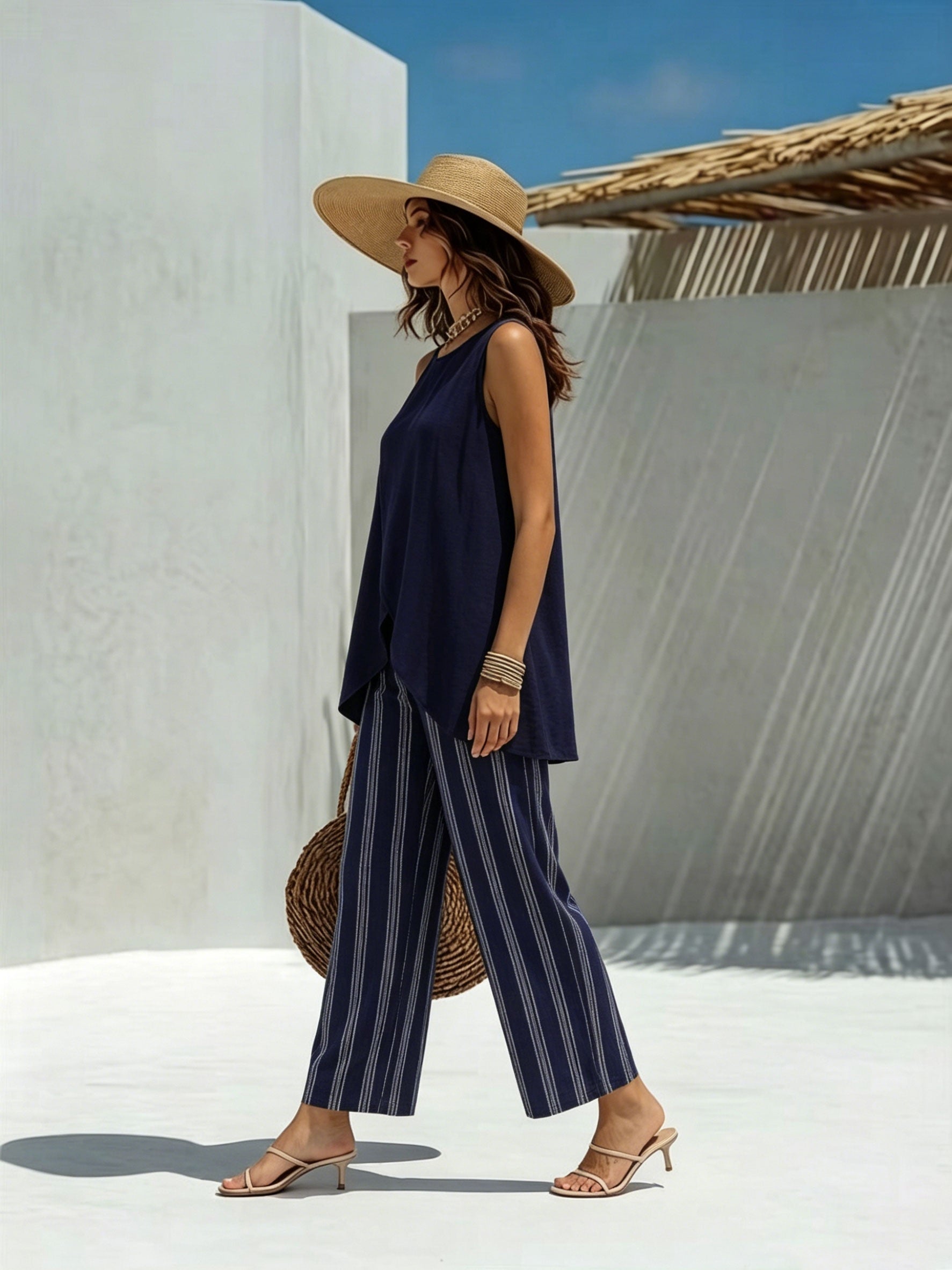 Lente/Zomer Dames Vakantiestijl Marineblauwe Mouwloze Onregelmatige Top + Hoge Taille Gestreepte Wijdvallende Broek met Wijde Pijpen Casual 2-delige Set, Geschikt voor Dagelijks Gebruik en op Vakantie 2A12590