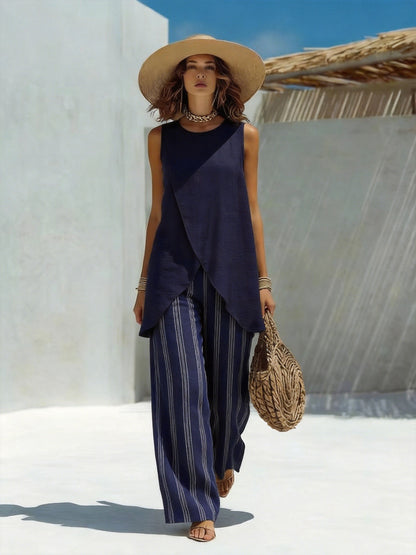 Lente/Zomer Dames Vakantiestijl Marineblauwe Mouwloze Onregelmatige Top + Hoge Taille Gestreepte Wijdvallende Broek met Wijde Pijpen Casual 2-delige Set, Geschikt voor Dagelijks Gebruik en op Vakantie 2A12590
