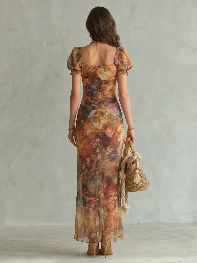 Ciel | Vestido Midi con Mangas Fruncidas y Estampado Multicolor