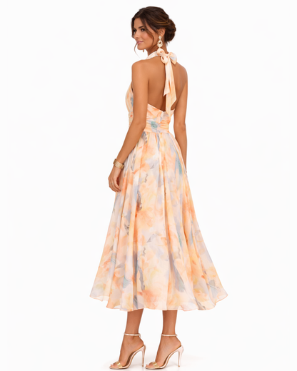 Aurora | Vestido Midi Halter Floral en Chifón