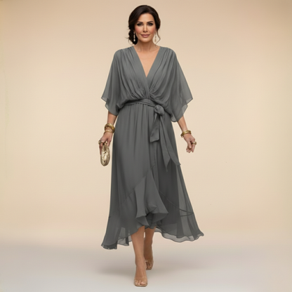 Monica | Vestido Midi en Chifón con Escote en V y Cinturón