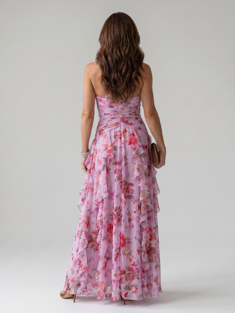 Nori | Vestido Maxi Halter con Volantes y Estampado Floral