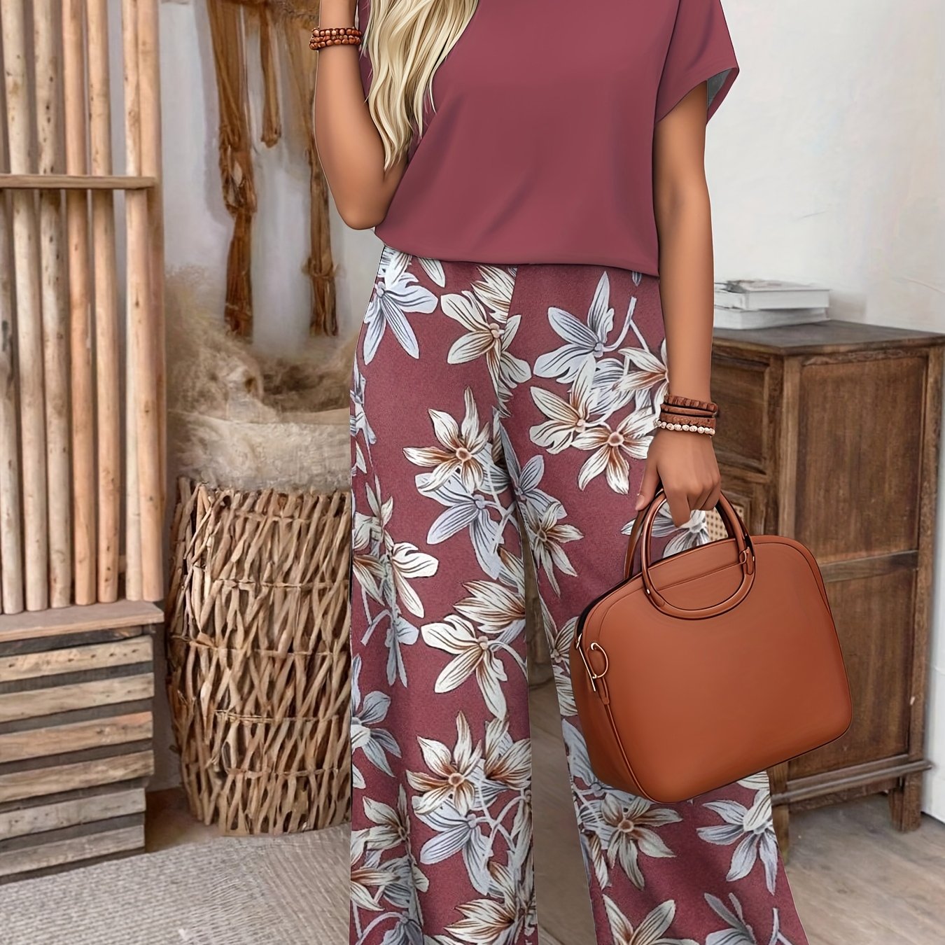 Vrouwen Stijlvolle Elegante Korte Mouw Ronde Hals Bloemenprint Set