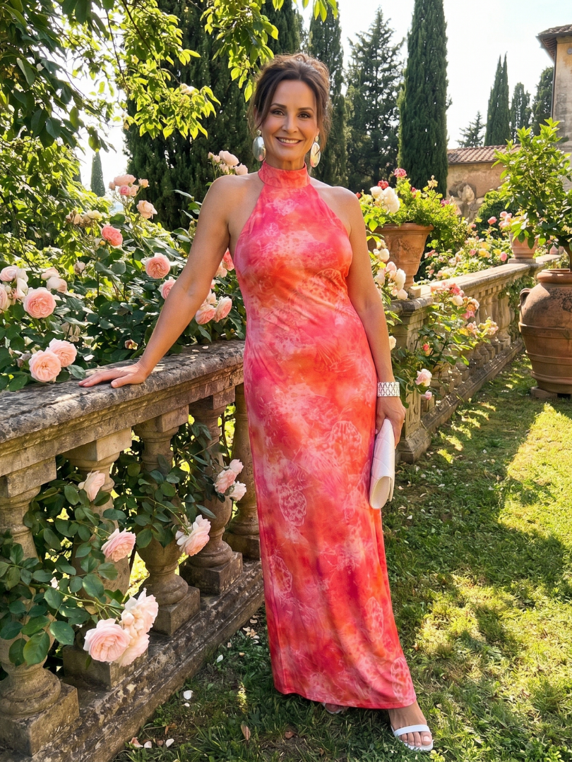 Coraline | Vestido Maxi sin Mangas con Cuello Halter y Estampado