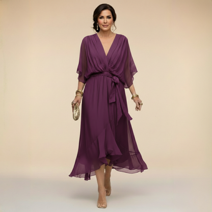 Monica | Vestido Midi en Chifón con Escote en V y Cinturón