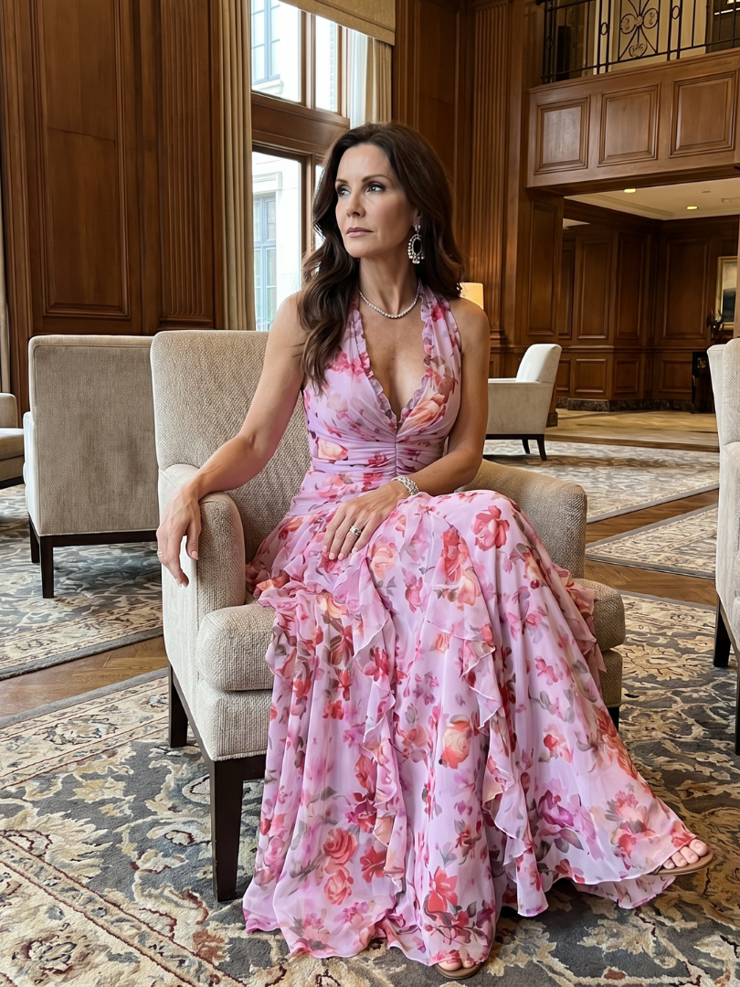 Nori | Vestido Maxi Halter con Volantes y Estampado Floral