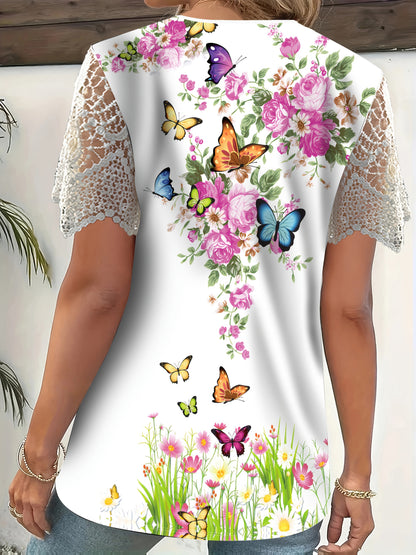 Mariposa – V-hals T-shirt met bloemenprint en vlinderdetails