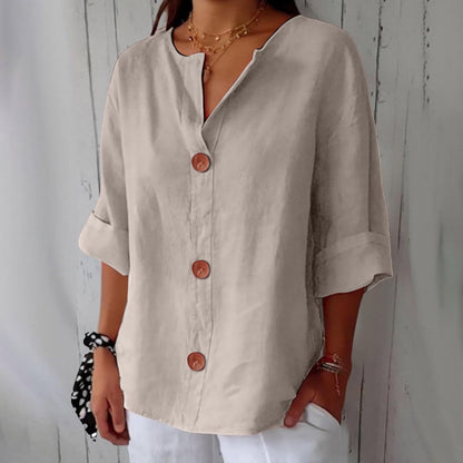 Hazel | Blusa de Algodón y Lino con Escote en V y Botones