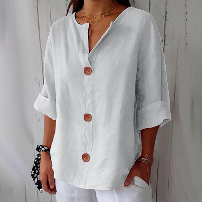 Hazel | Blusa de Algodón y Lino con Escote en V y Botones