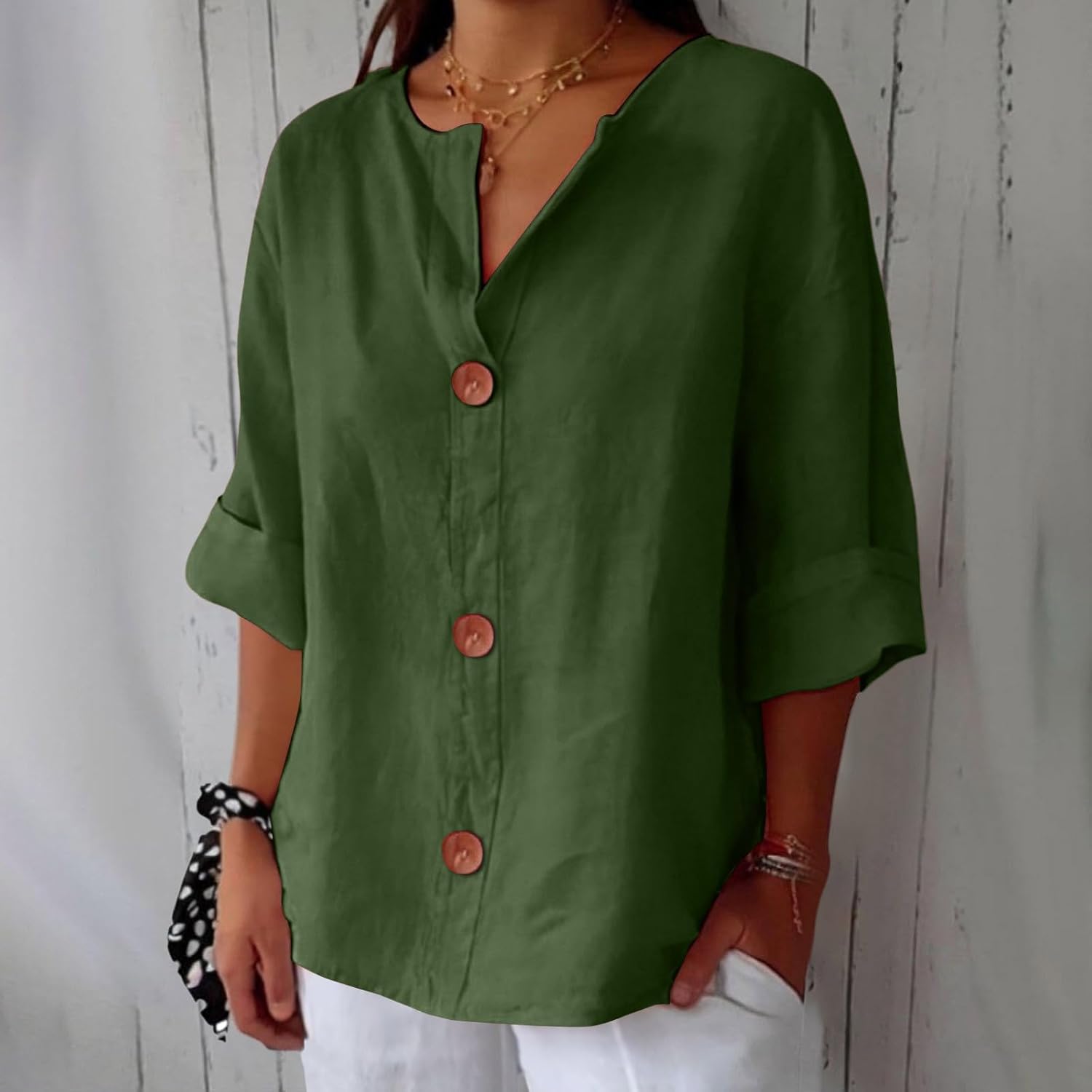 Hazel | Blusa de Algodón y Lino con Escote en V y Botones
