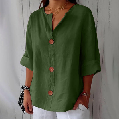 Hazel | Blusa de Algodón y Lino con Escote en V y Botones