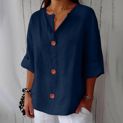 Hazel | Blusa de Algodón y Lino con Escote en V y Botones