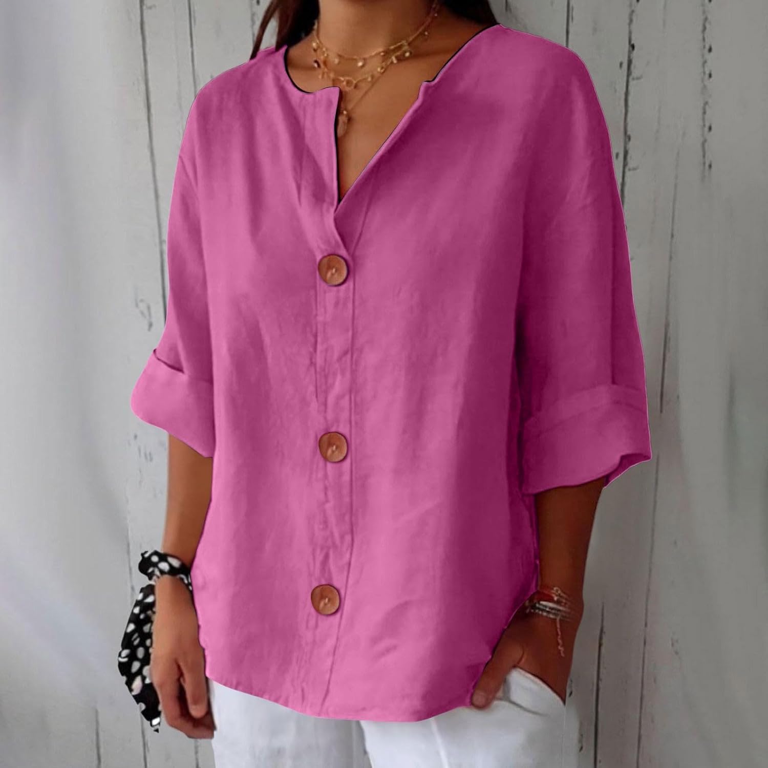 Hazel | Blusa de Algodón y Lino con Escote en V y Botones