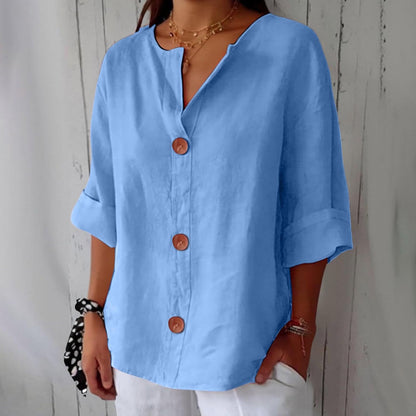 Hazel | Blusa de Algodón y Lino con Escote en V y Botones