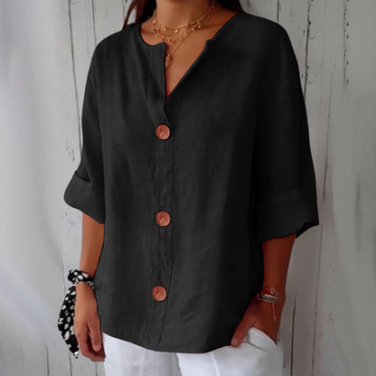 Hazel | Blusa de Algodón y Lino con Escote en V y Botones