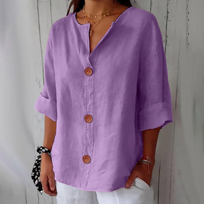 Hazel | Blusa de Algodón y Lino con Escote en V y Botones