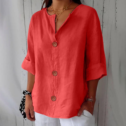 Hazel | Blusa de Algodón y Lino con Escote en V y Botones