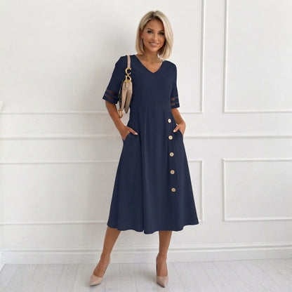 Navy Plain Short Sleeve Midi Dress