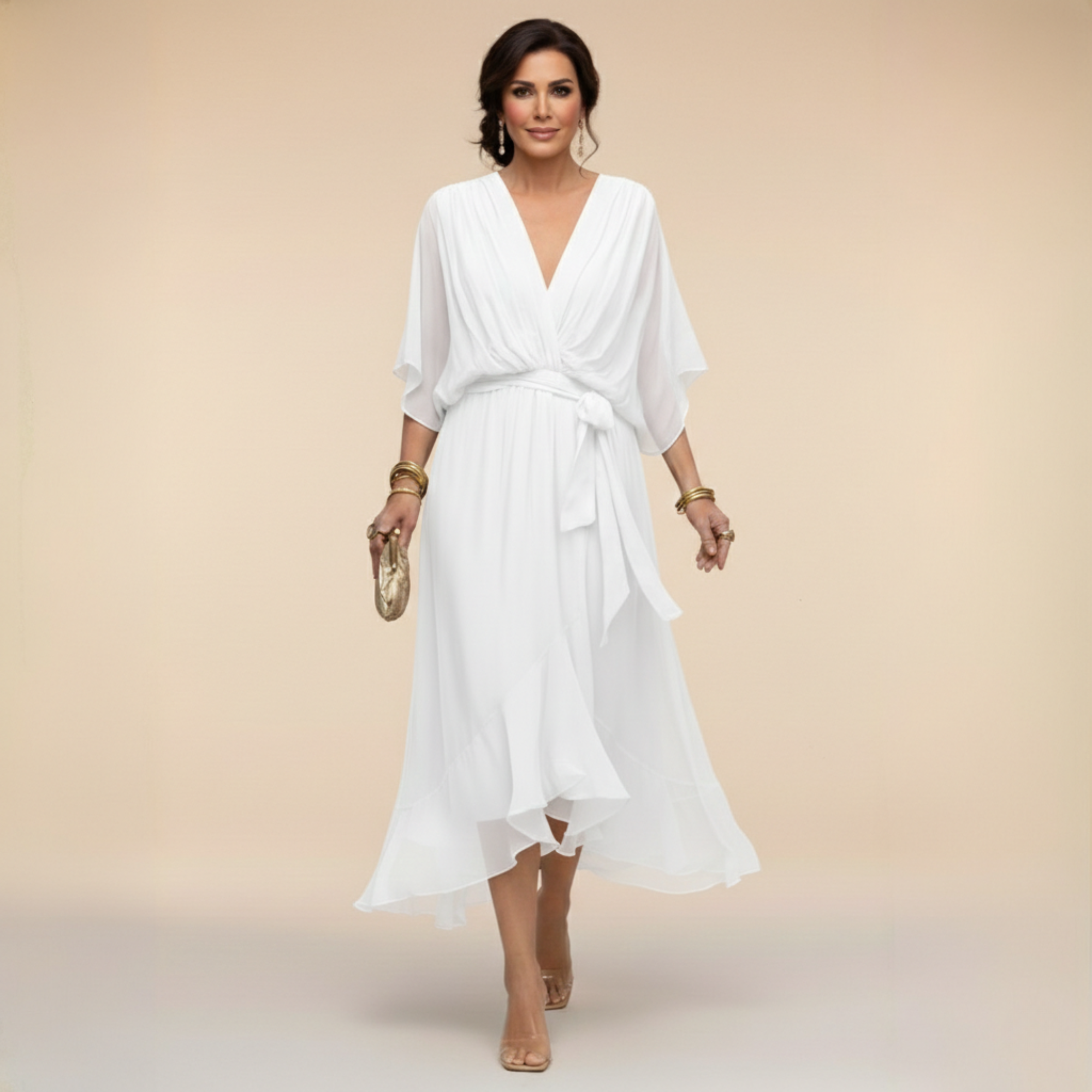 Monica | Vestido Midi en Chifón con Escote en V y Cinturón