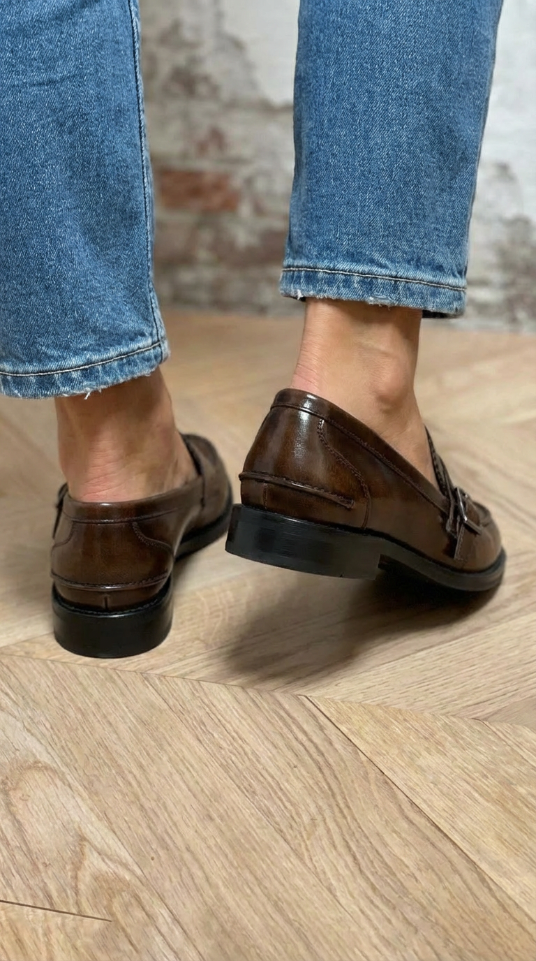 Maevie | Mocasín Plano con Charol Marrón y Hebilla Doble