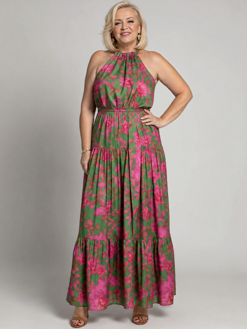 Rowen | Vestido Midi Halter Drapeado con Estampado Floral