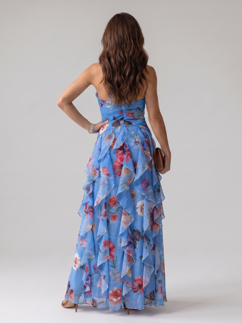 Nori | Vestido Maxi Halter con Volantes y Estampado Floral