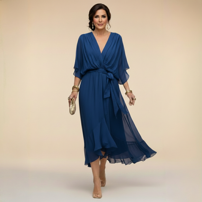 Monica | Vestido Midi en Chifón con Escote en V y Cinturón